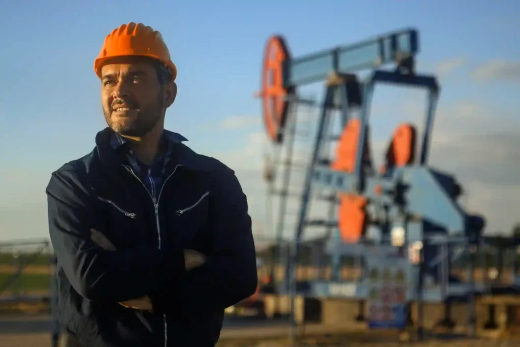 Trabajador con casco junto a equipos de extracción de petróleo