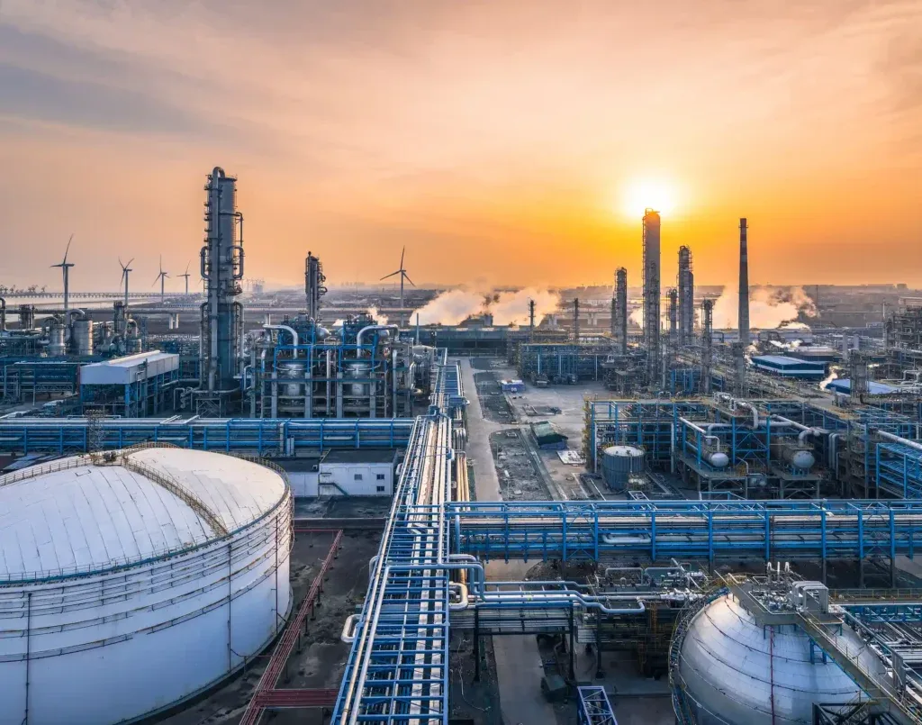 Vista de una refinería con tanques y tuberías al atardecer