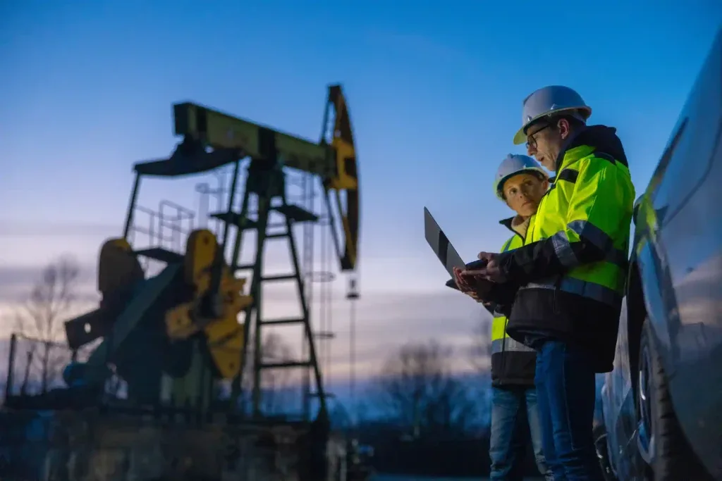 Técnicos con elementos de protección revisando una computadora junto a una bomba petrolera
