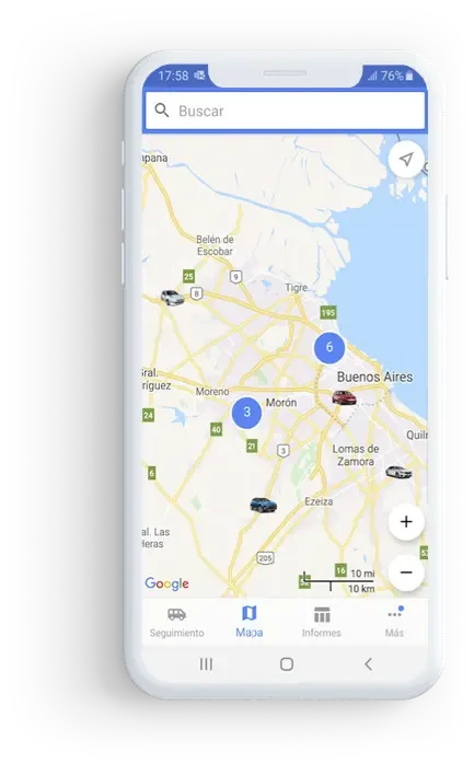 Vista móvil del seguimiento de vehículos en Ecotracker