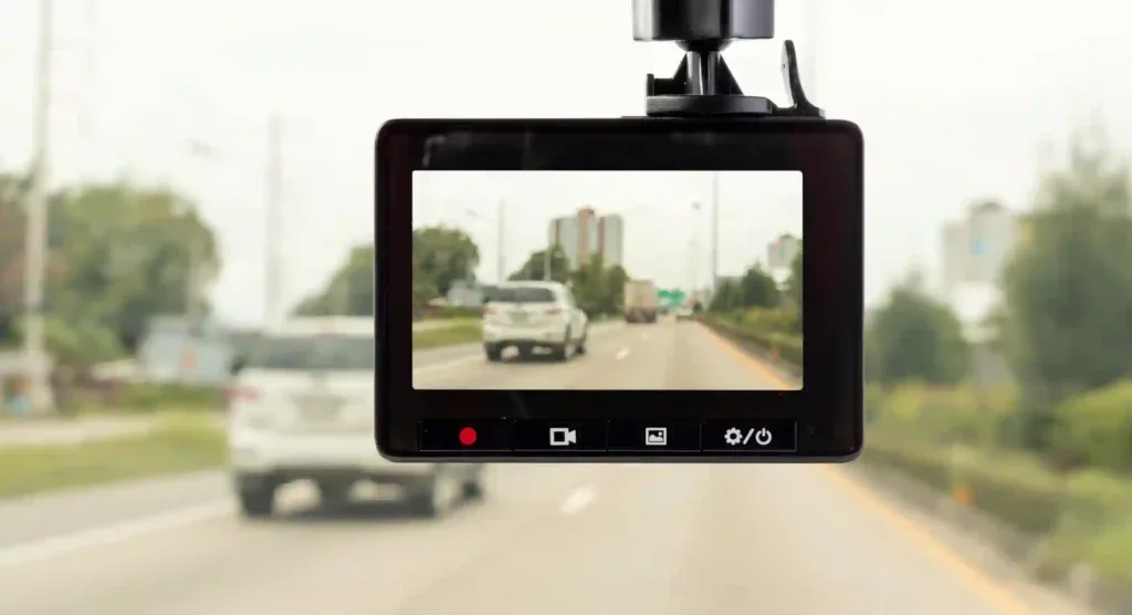 Pantalla de una cámara vehicular mostrando el recorrido en ruta