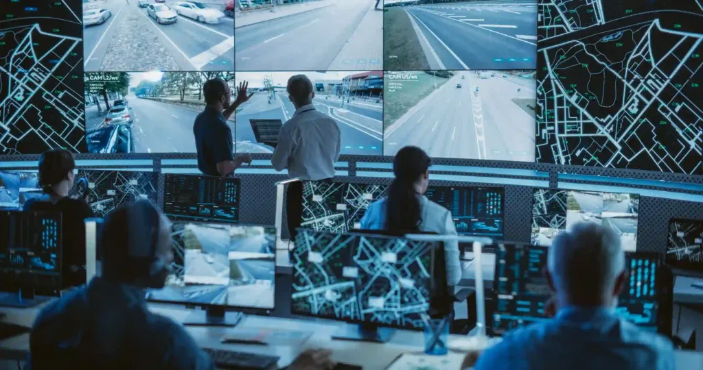 Operadores observando distintas cámaras desde una central de monitoreo