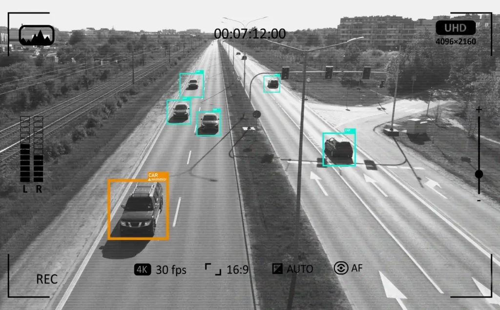 Análisis de video con vehículos identificados mediante recuadros en una autopista