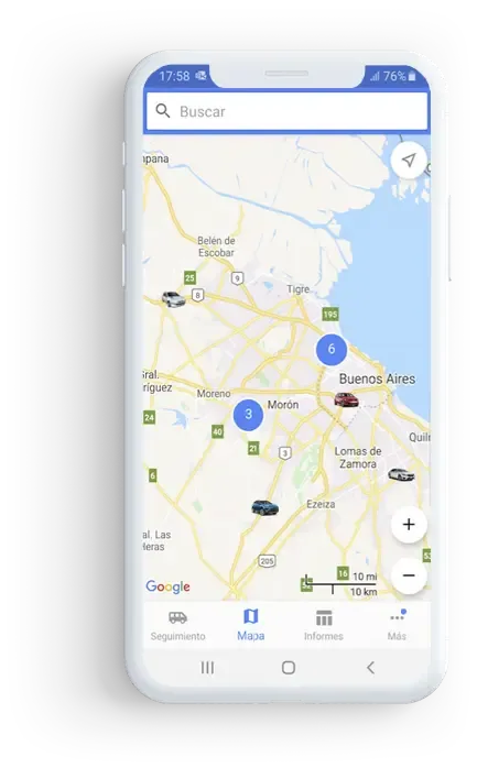 Vista móvil del seguimiento de vehículos en Ecotracker